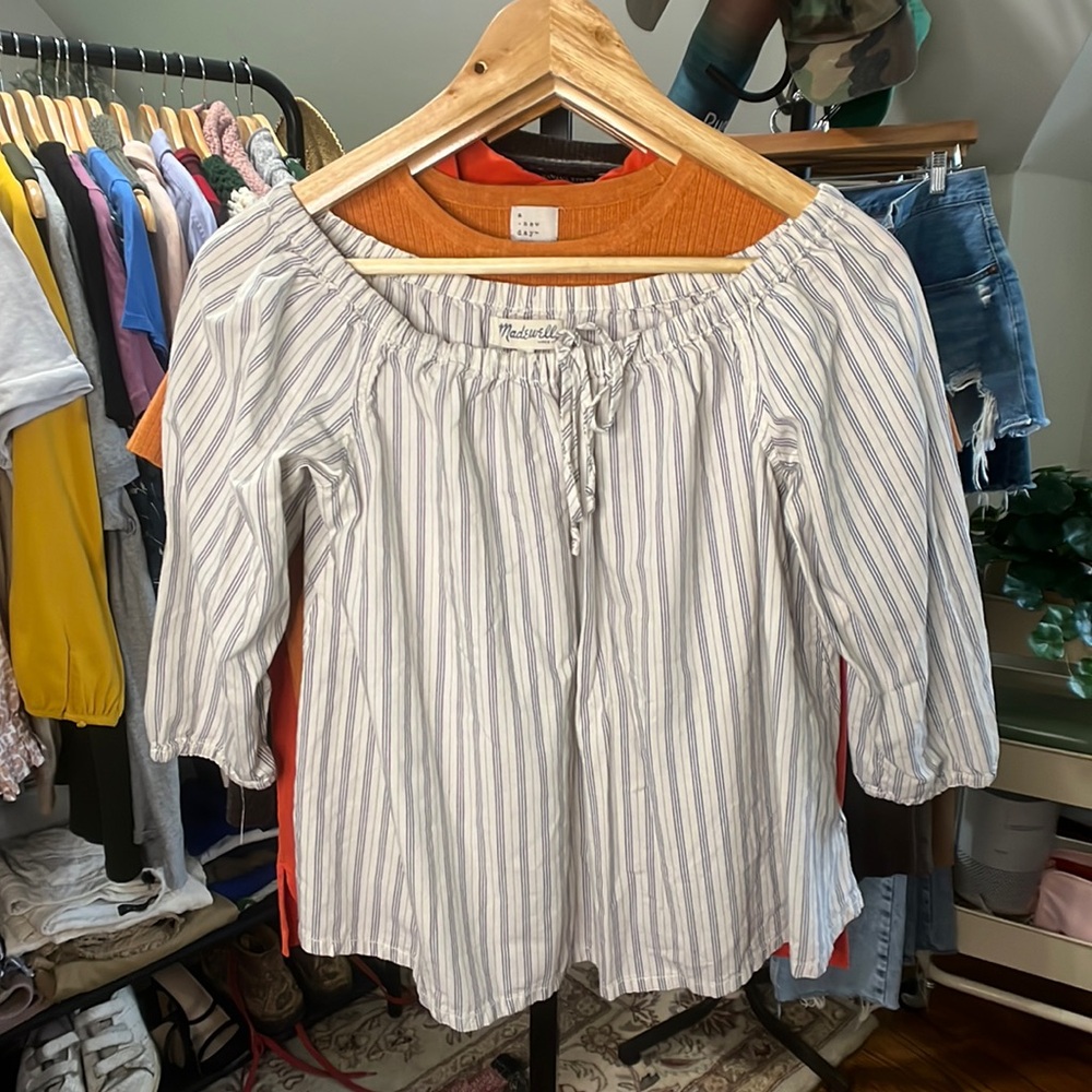 Women’s Madewell Blouse - Cream Colored with Vertical Blue Strips. Size Small.